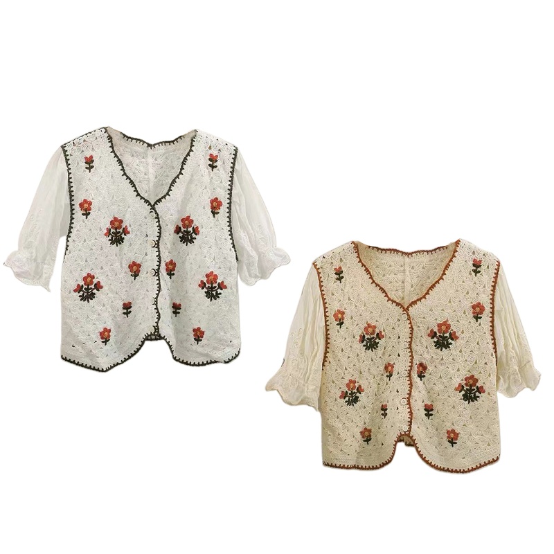 Áo Croptop Dệt Kim Tay Ngắn Phồng Thêu Họa Tiết Hoa Phong Cách Cổ Điển Thời Trang Cho Nữ