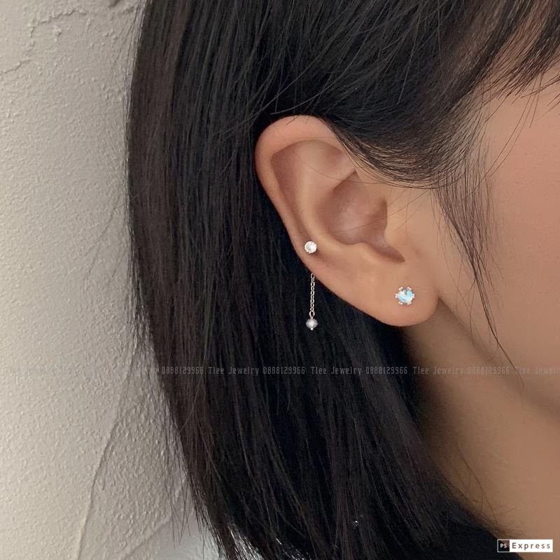 Khuyên tai bạc nữ TLEE hạt tròn đá moonstone lấp lánh bạc 925 cao cấp chốt vặn TleeJewelry B0125
