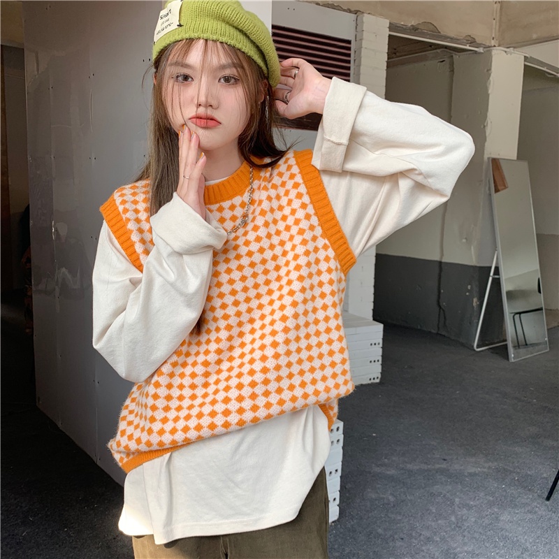 Áo dệt kim sát nách cổ tròn sọc ca rô thời trang cá tính | BigBuy360 - bigbuy360.vn