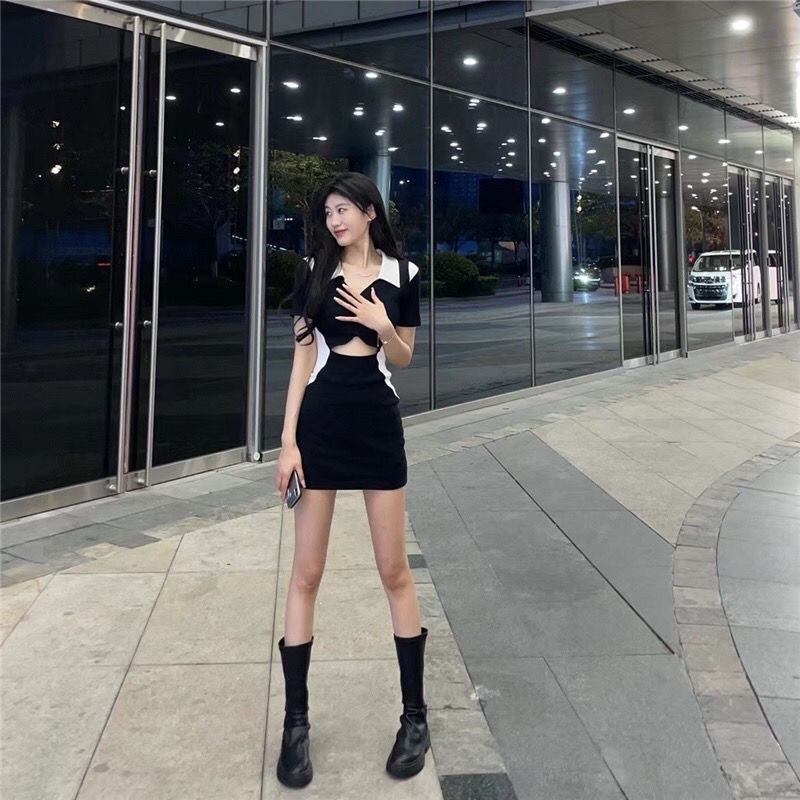 Đầm body phối khoá kéo khoét eo