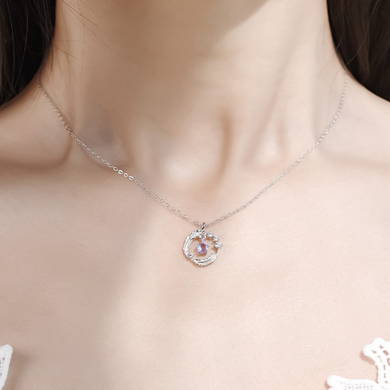 vòng cổ Mạ Bạc 925 Đính Đá Mặt Trăng Và Lông Vũ Thời Trang Cho Nữ
