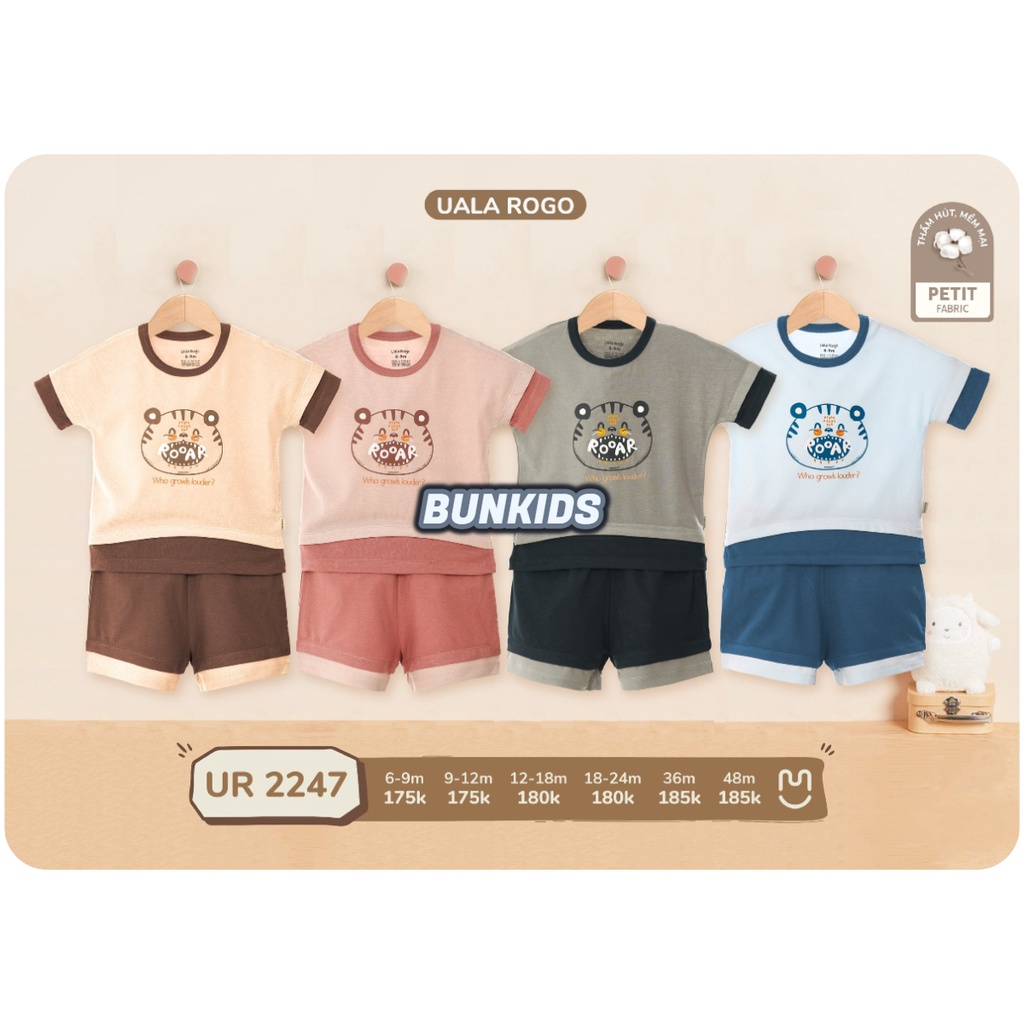 Bộ cộc hè UALA &amp; ROGO cài vai vải petit chất mát 2247 bé trai bé gái