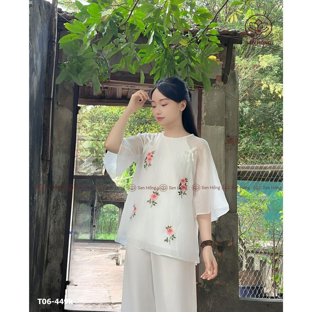 [MỚI] SET TRANG PHỤC PHẬT TỬ - Quần áo truyền thống nữ vải đũi tơ 2 lớp thêu hoa hồng - áo lam đi chùa đi chơi T06