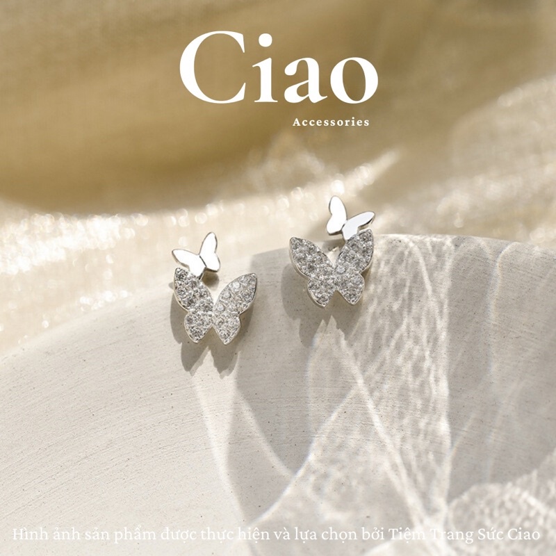 [HOẢ TỐC 1H] Khuyên tai/ Bông tai mạ bạc S925 thiết kế hình bổng hồ điệp đôi Charles Ciao