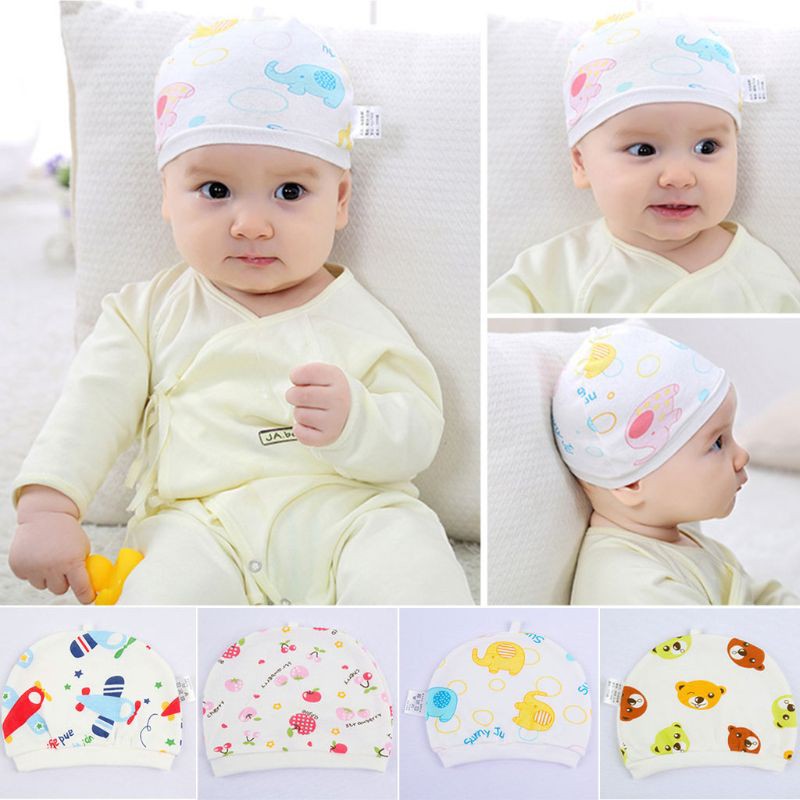 Nón trùm đầu chất Cotton hoạ tiết hoạt hình cho trẻ sơ sinh