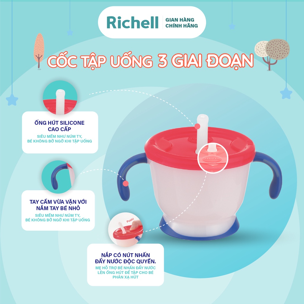 Bộ Cốc tập uống 3 giai đoạn và Bình ống hút AQ Richell Nhật Bản chống sặc | Baby