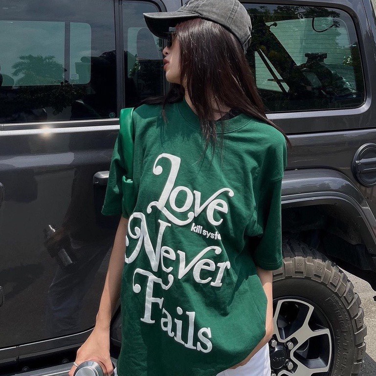 Áo Thun Xanh Lá Love Never Form Rộng Nữ Meeny- Phông Tay Bồng 100% Cotton Khô Hình In Nổi Phong Cách Ullzang