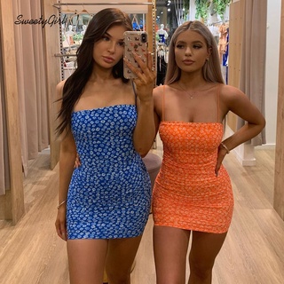 MsMona Đầm Mini nữ in hoa dây cắt thấp không tay gợi cảm slim fit