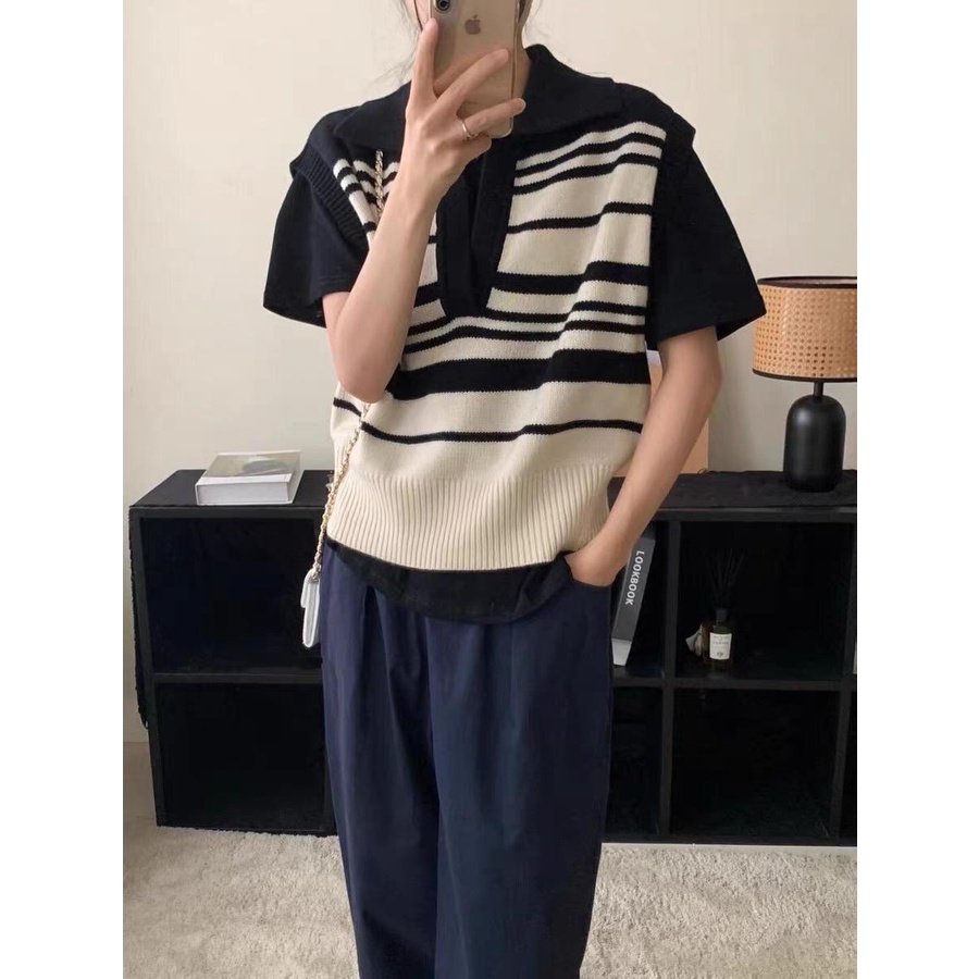 MS879 Áo gile len nữ cổ bẻ kẻ ngang Hàn Quốc