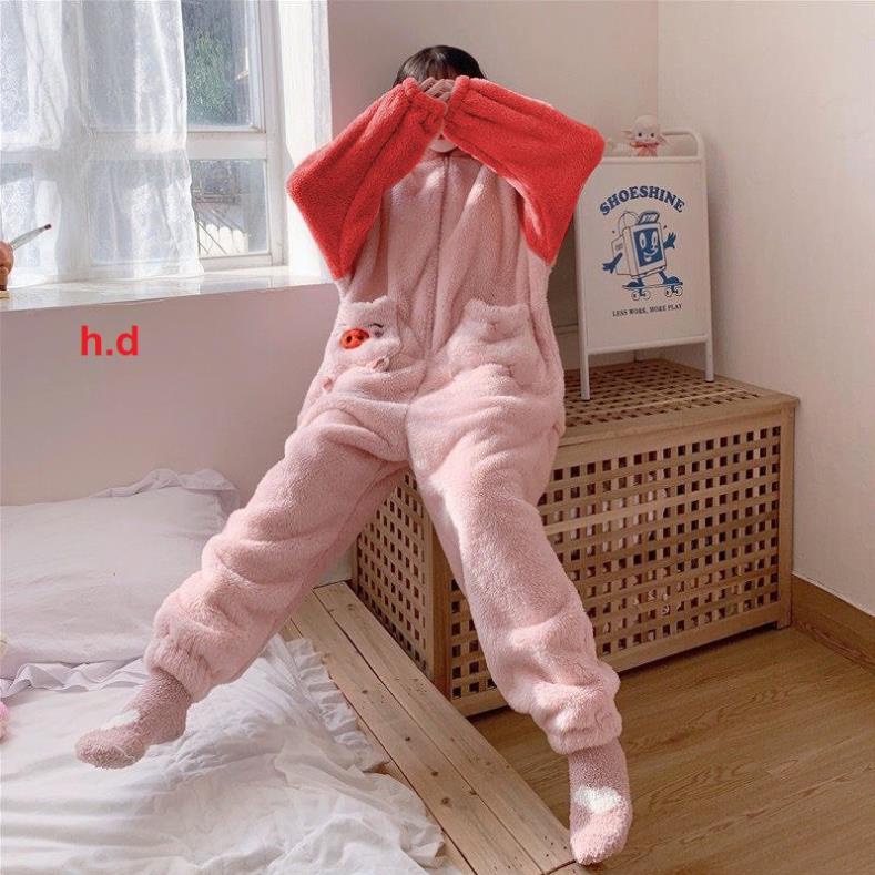 Bộ jumpsuit thêu mặt Lợn dáng liền thân chất lông cừu dày giữ nhiệt tốt form rộng oversize kèm ảnh thật