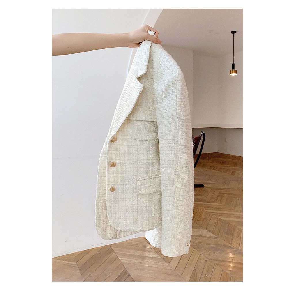Áo Khoác Dạ Tweed Trắng Dài Tay Sang Chảnh Dễ Phối