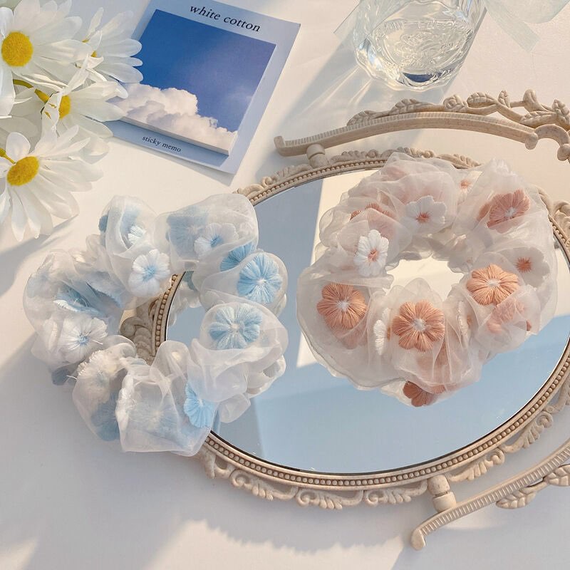 Cột tóc scrunchies vải voan Mua Tất thêu hoa nổi (muatatshop)