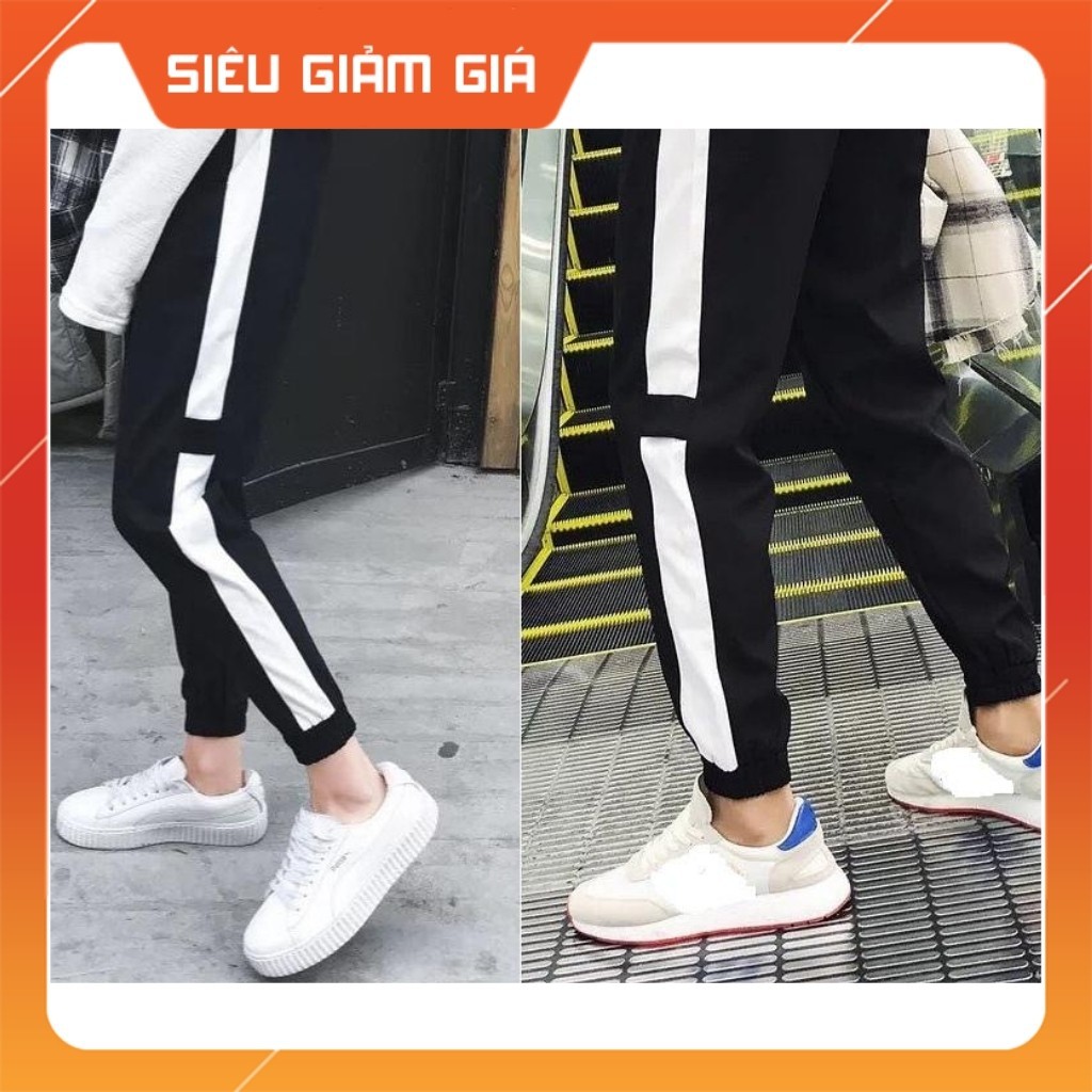 Quần Jogger co dãn 4 chiều đen sọc trắng lé vạch ngang đen ( có ảnh thật và clip review sản phẩm )