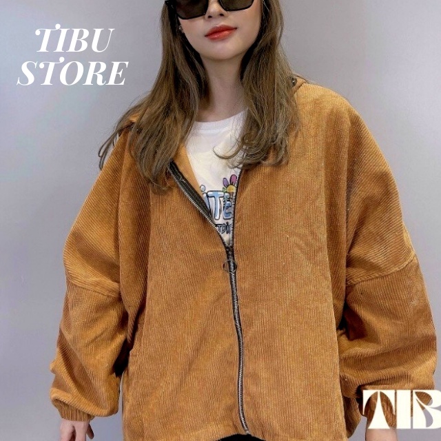 Áo khoác nhung form rộng nữ nam Unisex Tibu, Áo Khoác Nhung Gân Tăm Trơn Tay Bồng Form Rộng Oversize