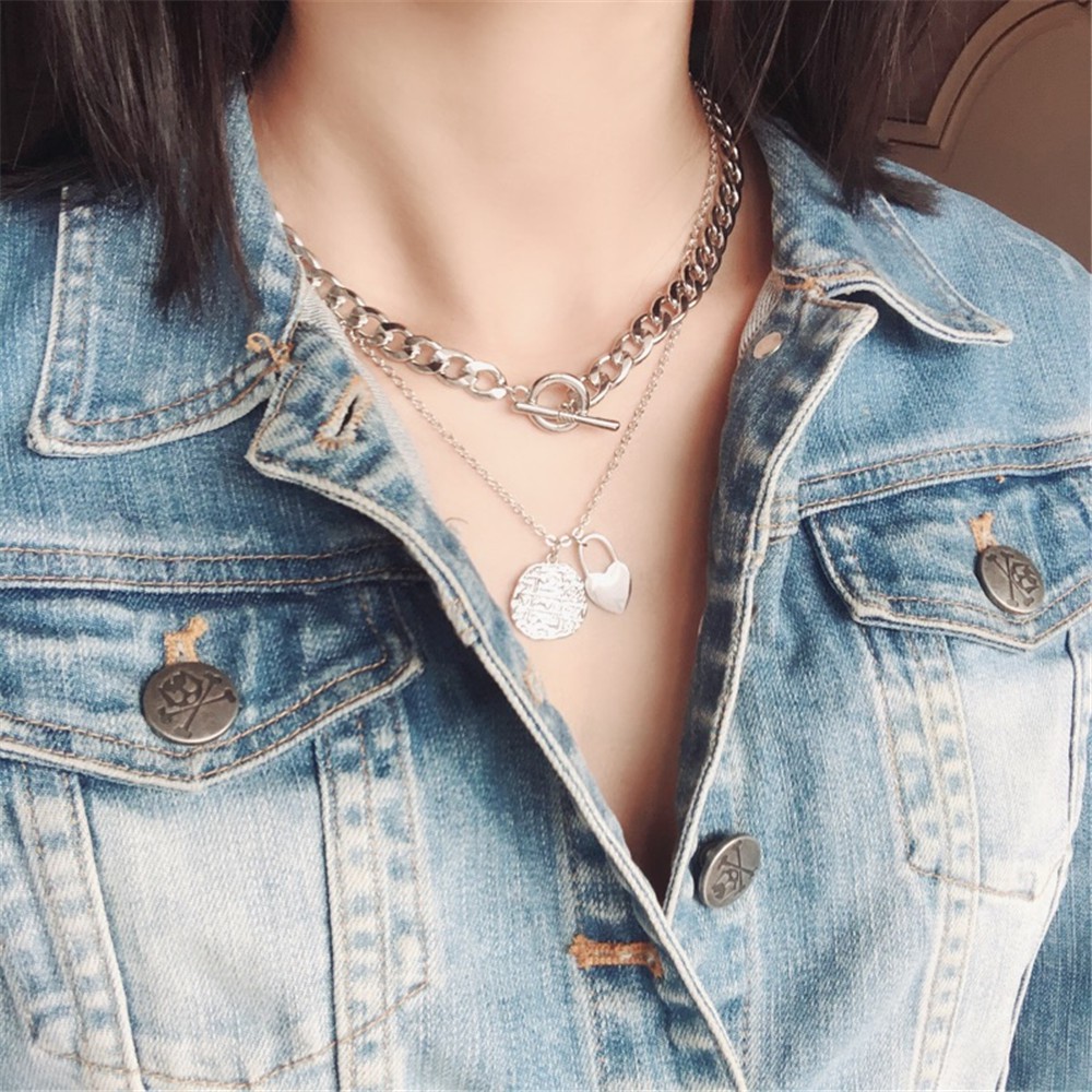 Dây chuyền hai lớp mặt dây hình ổ khóa trái tim phong cách Hàn Quốc thời trang xinh xắn cho nữ