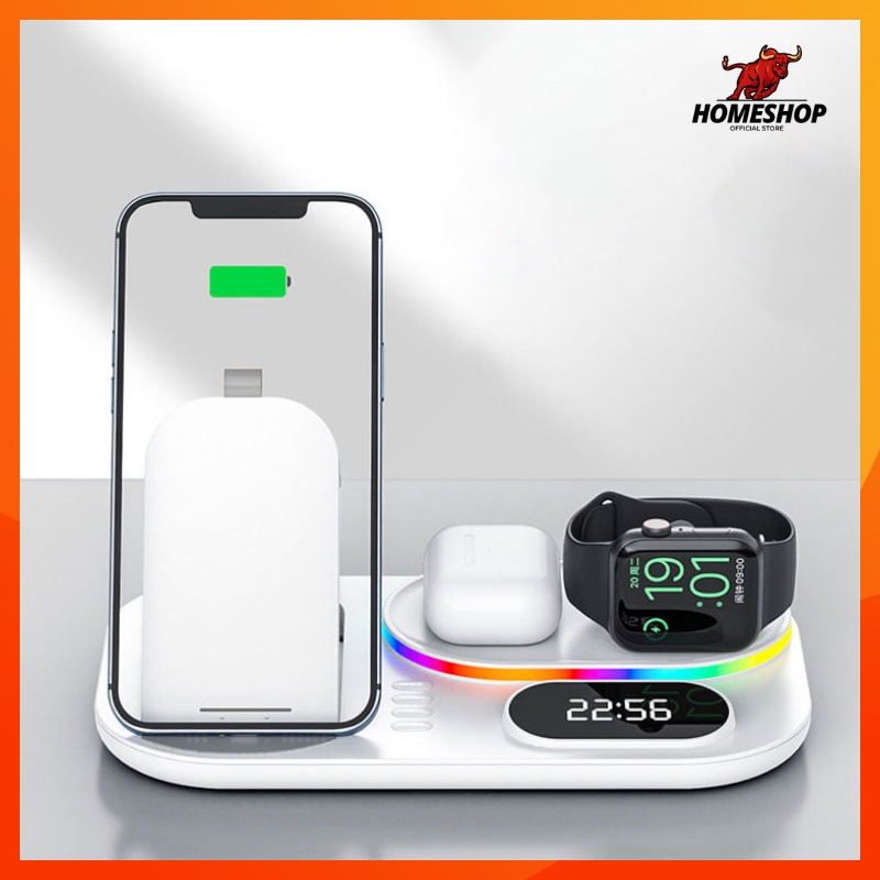 Đế sạc nhanh 5in1 A06 tích hợp đồng hồ điện tử Led RGB hỗ trợ các dòng máy iphones samsung xiaomi