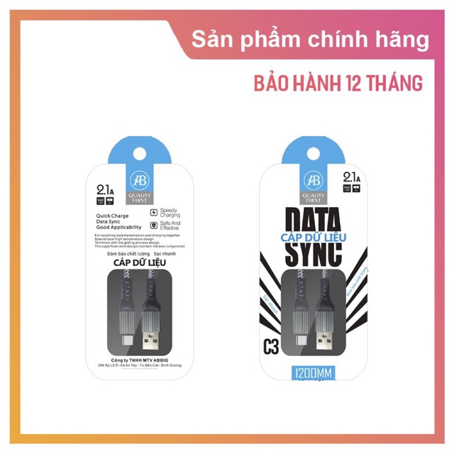Cáp sạc nhanh Type-C chuẩn 2.1A dài 1,2m mã C3 hàng chính hãng ABBig