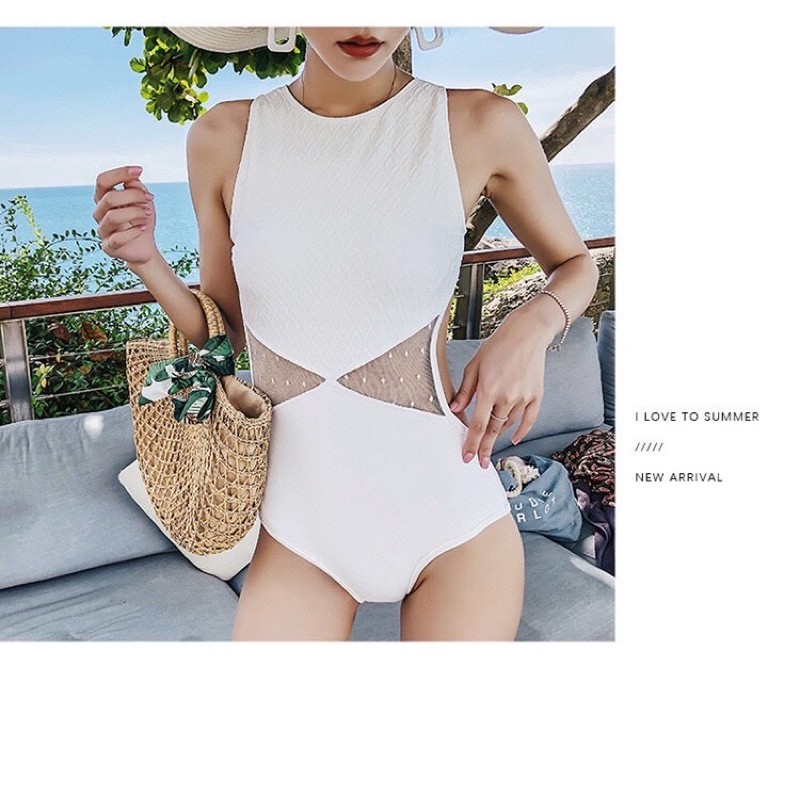 Bikini liền thân eo lưới màu trắng