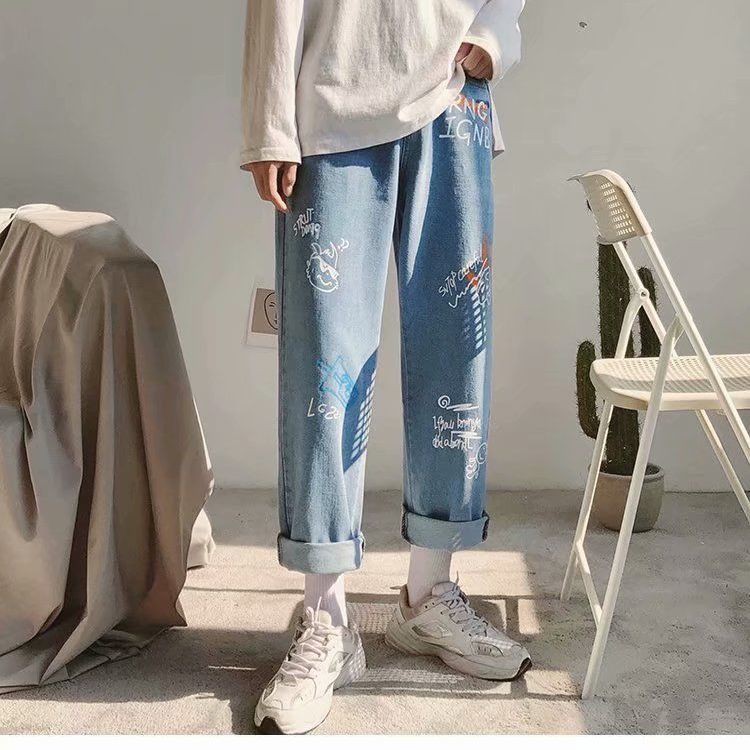 Men jeans Wide Leg denim pant Loose Straight Baggy men's jeans Streetwear Hip Hop casual Skateboard pants S-5XL Neutral trousers 2021 new net red jeans men's straight tube loose and fashionable students' Korean wide leg print pants