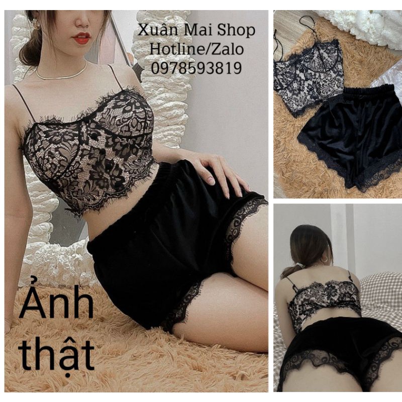 [FREESHIP] ♥ẢNH THẬT♥Set quần nhung phối ren + áo bra ren hai dây có thể tách mặc lẻ siêu hot siêu xinh