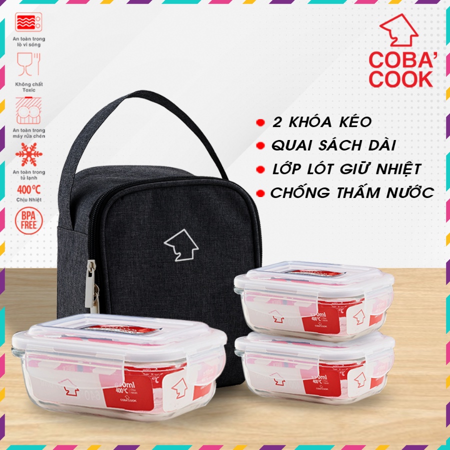 Bộ 3 hộp cơm văn phòng 1 hộp chữ nhật 640ml và 2 hộp chữ nhật 370ml kèm túi -CCL6L33BS