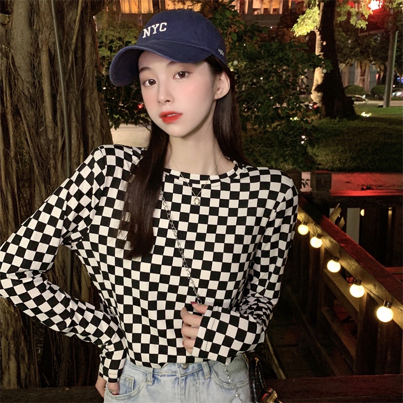 【ZHELIHANGFEI】Áo Thun Tay Dài Cổ Tròn Họa Tiết Sọc Caro Thời Trang