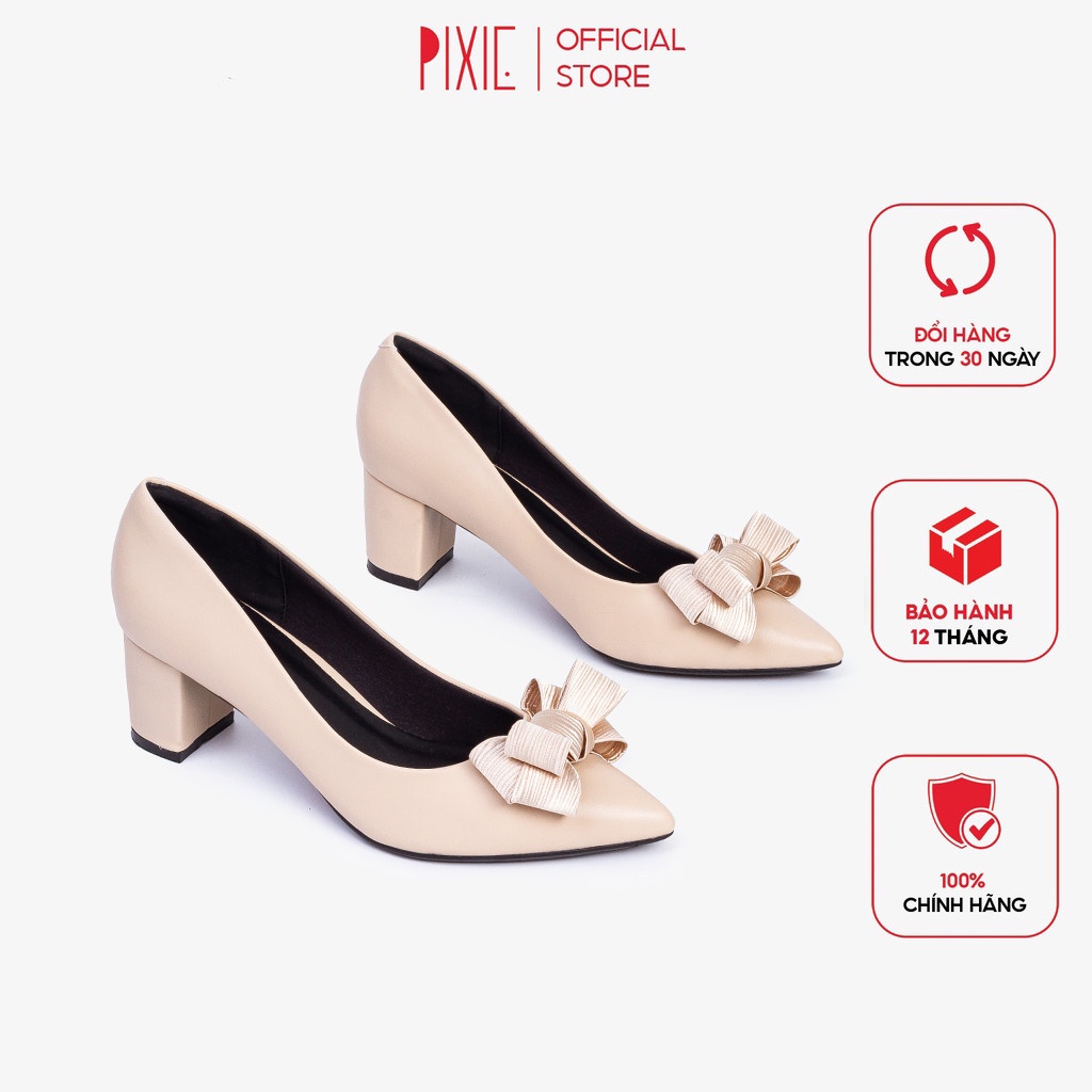 [Form nhỏ Giày Cao Gót 5cm Đế Vuông Mũi Nhọn Nơ Ấu Pixie P284 Màu Kem