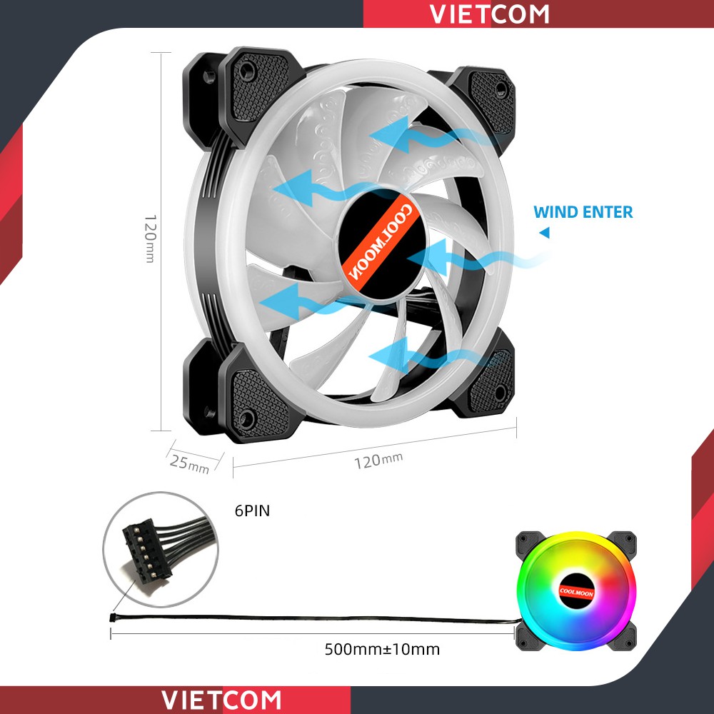 Fan Case Coolmoon V4 - Led RGB Dual Ring (Led tâm + Led viền) - Đồng Bộ Hub Coolmoon