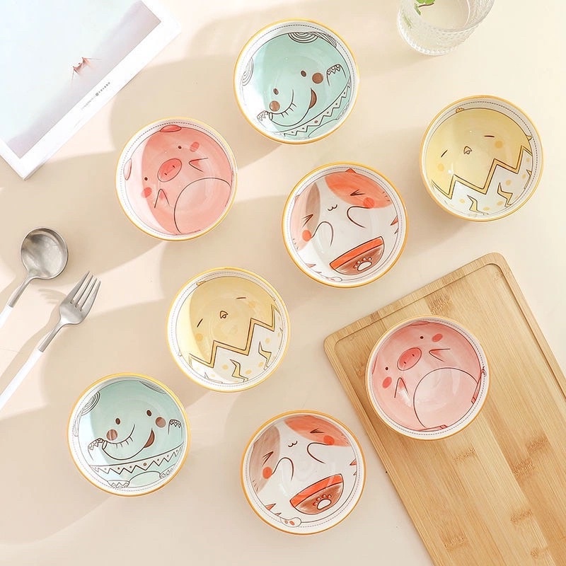 Bộ 6 chén bát hoạ tiết hình thú/hoa văn kèm đũa sang xịn cao cấp