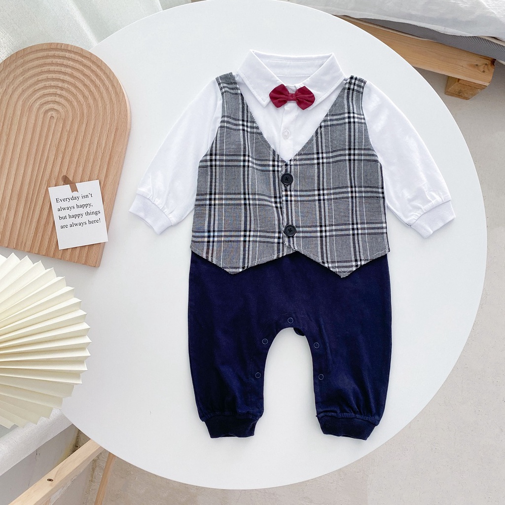 Bộ áo liền quần Sanlutoz từ vải cotton tay dài in họa tiết caro thời trang cho bé trai sơ sinh