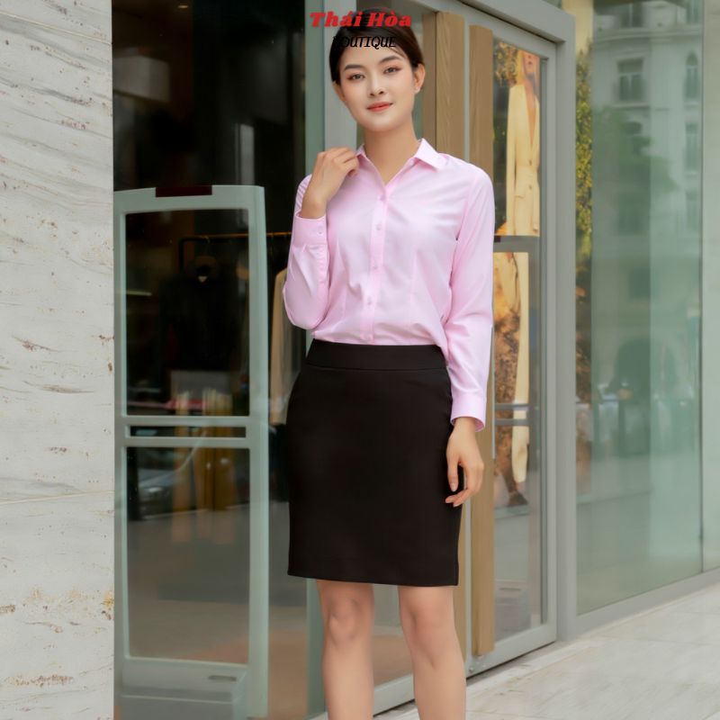 Áo sơ mi nữ đẹp hồng kiểu công sở dài tay vải cotton trơn mềm mịn Thái Hoà 047-03-01