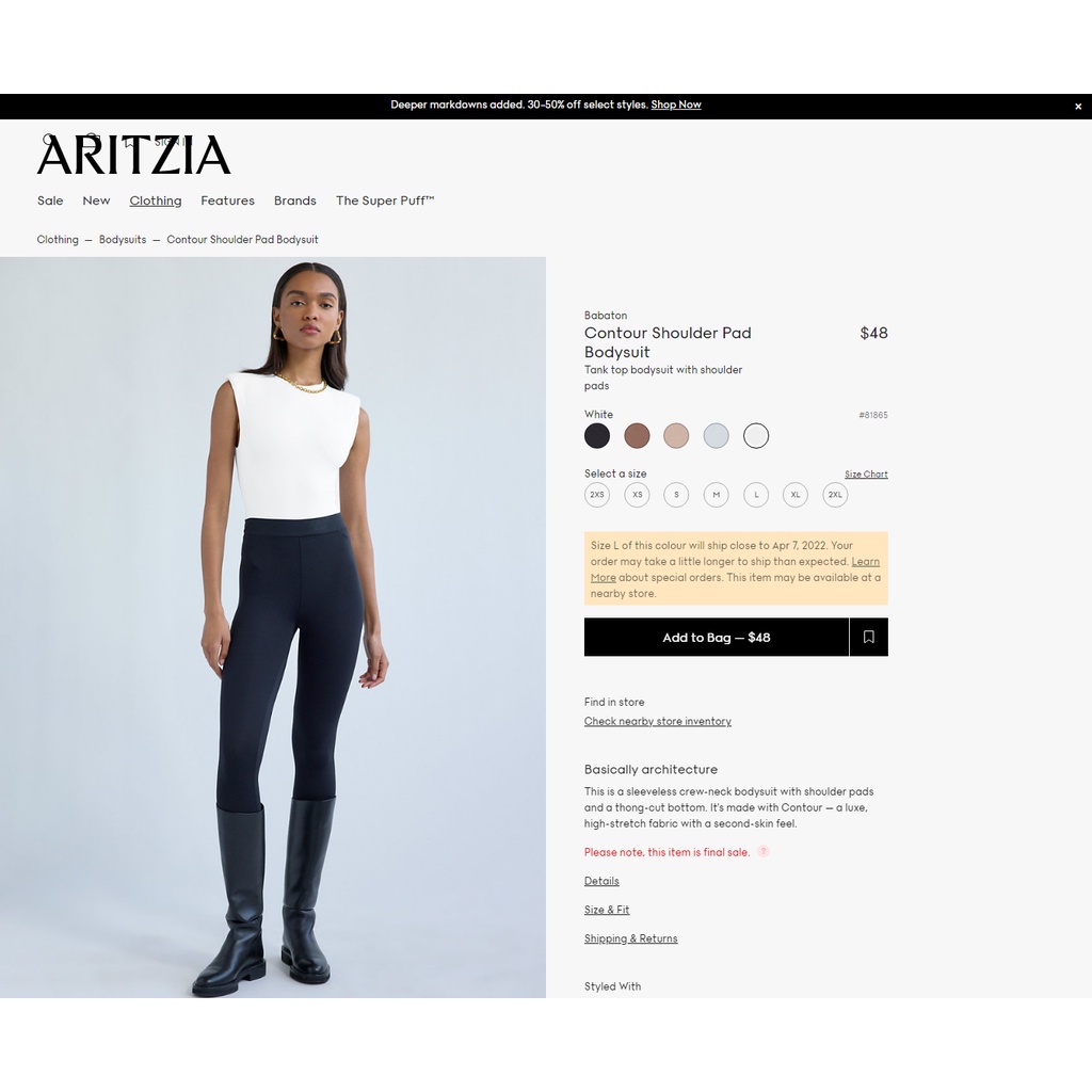 Áo bodysuit độn vai Babaton Contour Shoulder Pad 81865