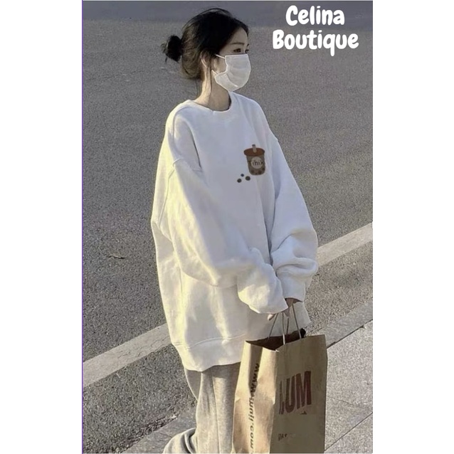 Áo sweater nỉ bông Tihik CELINA BOUTIQUE  Áo nỉ bông dáng rộng giấu quần tay bồng dáng học sinh cute