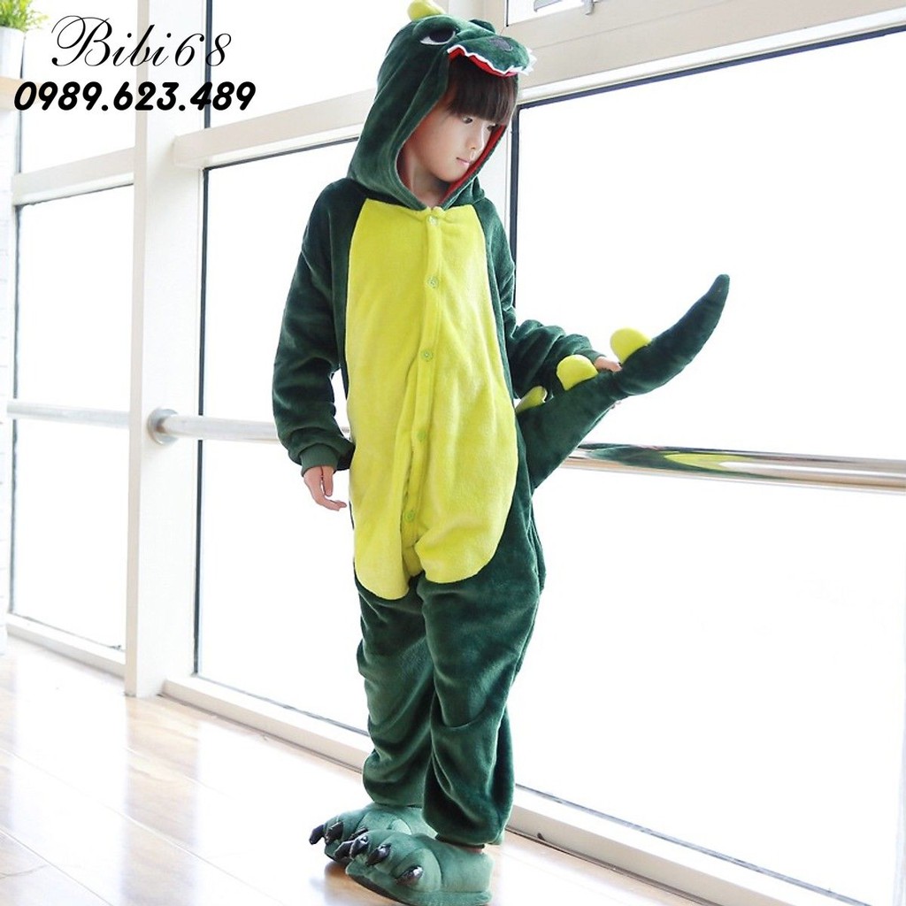 Bộ Đồ thú khủng long xanh liền thân lông mịn Pijama dành Cho Người Lớn và Trẻ Em kiểu dáng Động Vật Hoạt Hình Cosplay