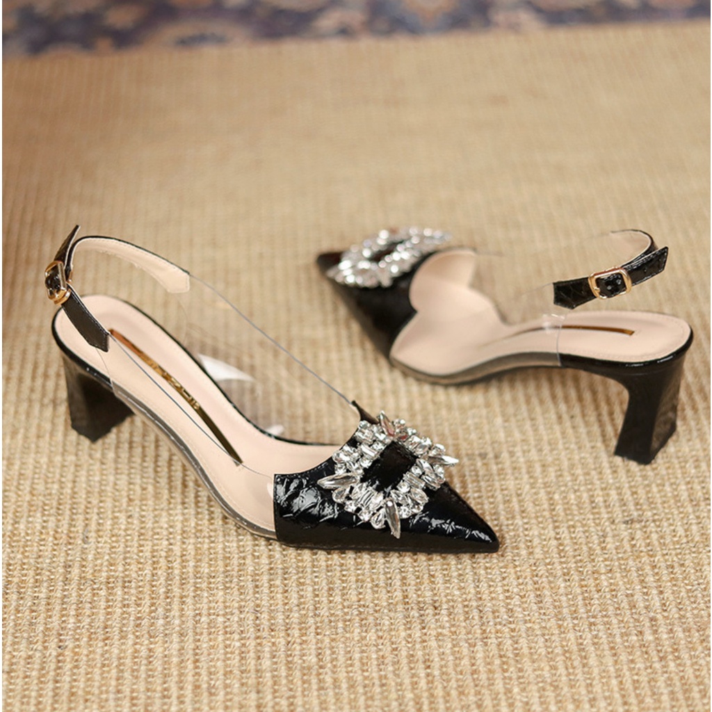 Giày hở gót nữ 5p mũi nhọn da vân mềm charm đá bít mũi thời trang công sở đẹp -Dazzling Shoes DA762