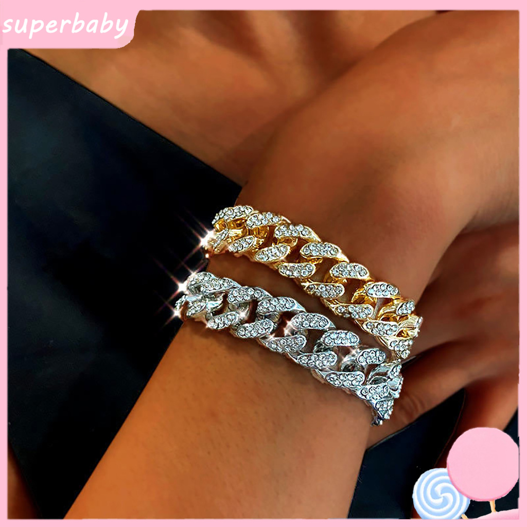 SBaby_ Fashion Women Rhinestone Inlaid Cuban Link Chain Bracelet Bling Jewelry Gift