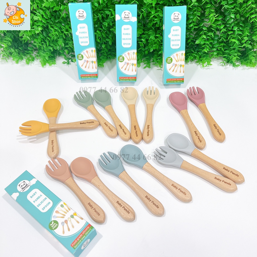 SET Thìa Dĩa Cán Gỗ Baby Panda Đầu Silicon Cho Bé