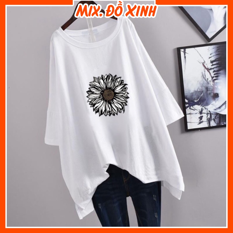 Áo phông unisex freesize form rộng tay lỡ Thu Hà chất liệu thun Cotton in hình Hoa Hướng Dương