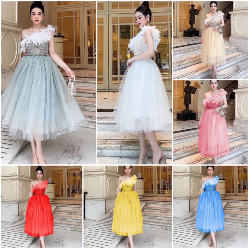 Đầm váy công chúa form xòe dự tiệc thiết kế lệch vai phối lông công kết hạt thủ công sắc xảo sang trọng sang chảnh
