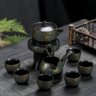 Bộ Ấm Chén Pha Trà Cối Xay - Xanh Đen Vàng (bao gồm 1 ấm trà, 6 chén trà và 1 bộ cối xay) kèm hộp quà tặng.