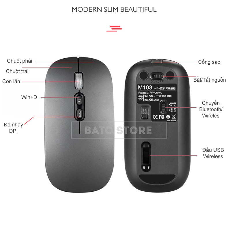 Chuột Không dây Bluetooth/ Wireless M103 Pin Sạc Dùng Cực Lâu 1 Tháng, Click Siêu Êm Không Tiếng, 1600DPI - Kèm cáp sạc