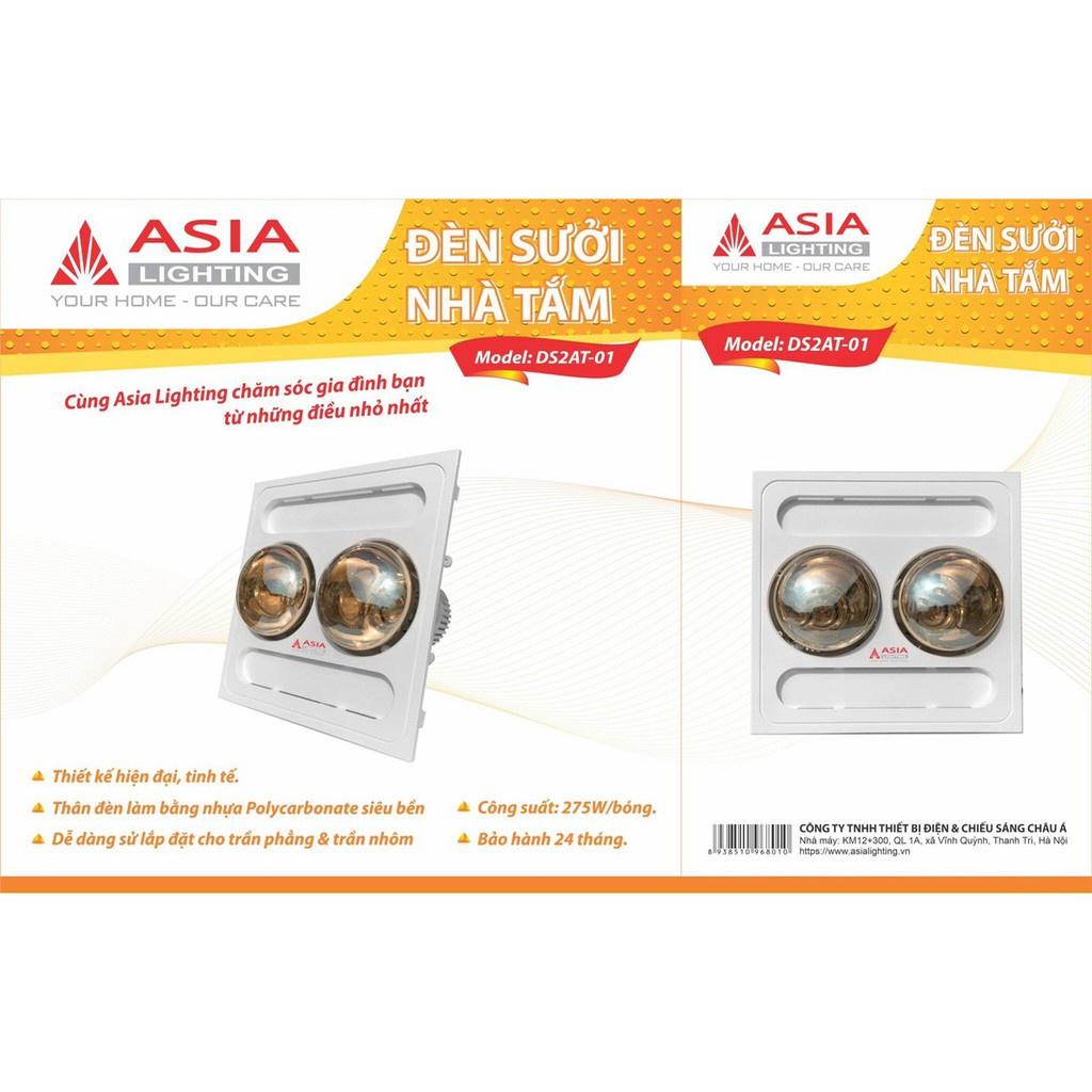 Cam Kết Chính Hãng Đèn sưởi nhà tắm âm trần ASIA - 2 bóng (Model: DS2AT01)-bảo hành 2 năm ..............................