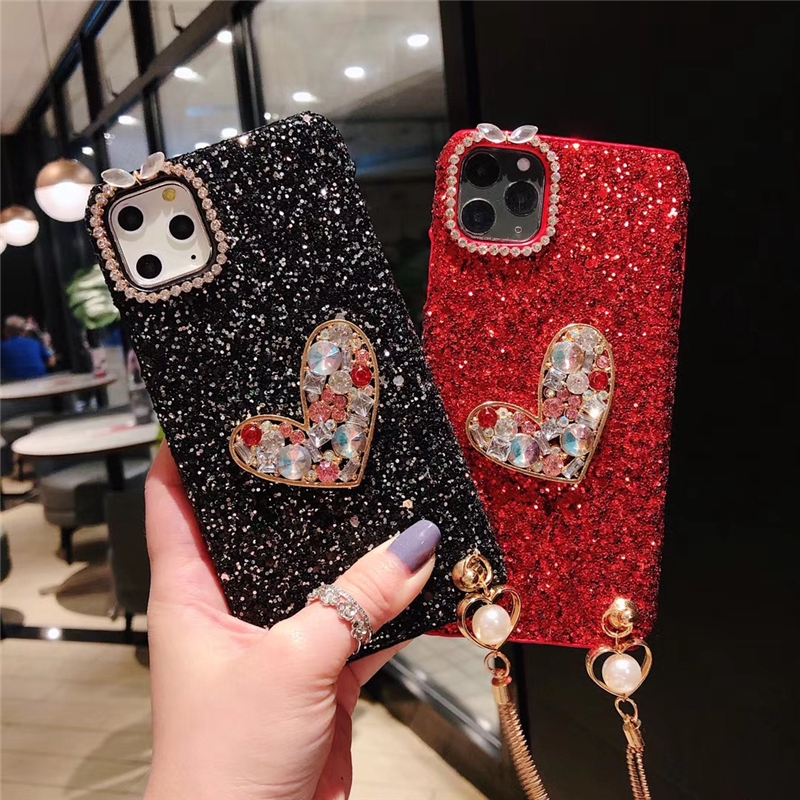 Ốp điện thoại hình trái tim đính đá phối dây tua rua OPPO A57 A39 F1s F3 A77 A1K Realme C2 3 Pro 5 5i 5s Reno 2 2Z 2F