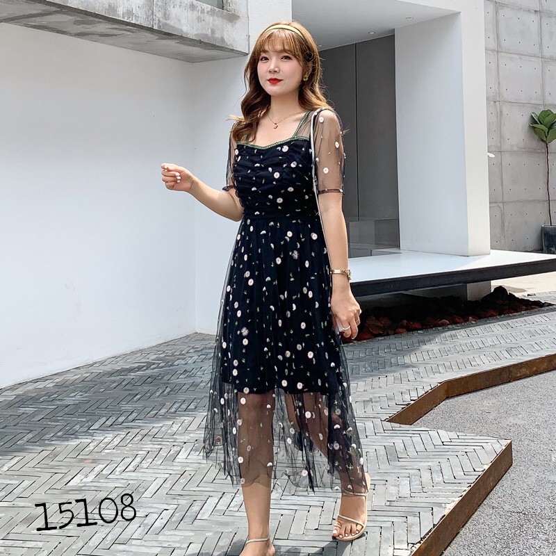 15108 - 2X,3X - Đầm BIG SIZE lưới 2 lớp thêu hoa - tiệc tiec - DN<116