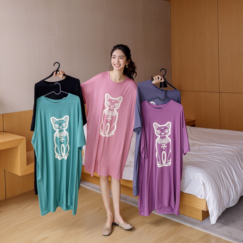 Đầm Cotton Tay Ngắn Cổ Tròn Dáng Rộng In Họa Tiết Màu Trơn Thời Trang Mùa Hè Hàn Quốc Cho Nữ