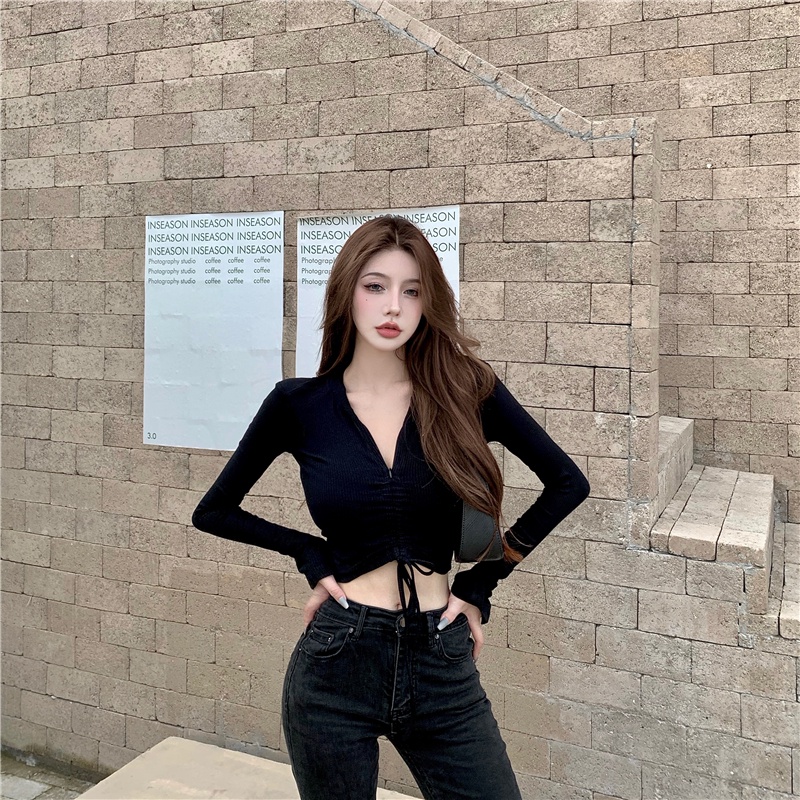 Áo dệt kim ZHELIHANGFEI tay dài lưng cao phối dây rút thời trang quyến rũ cao cấp