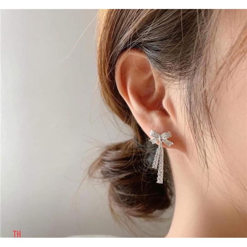 Bông tai nơ tua cách điệu đính đá chuẩn bạc ta ( ảnh thật )