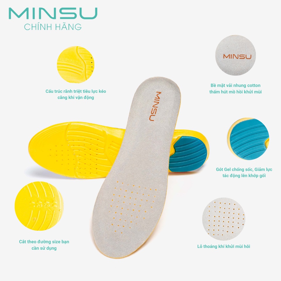 Lót Giày Thể Thao Sneaker Gel Chống Thốn Gót MINSU M2303 Cao Su EVA Êm Ái, Thấm Hút, Khửi Mùi Hôi Chân cho Nam Nữ