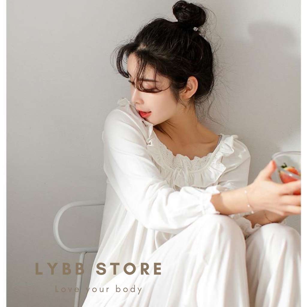 Bộ ngủ cotton nữ màu trắng áo xếp ly dài tay dáng rộng thoải mái, quần ngủ bo gấu, bộ mặc nhà phong cách Hàn Quốc 2021