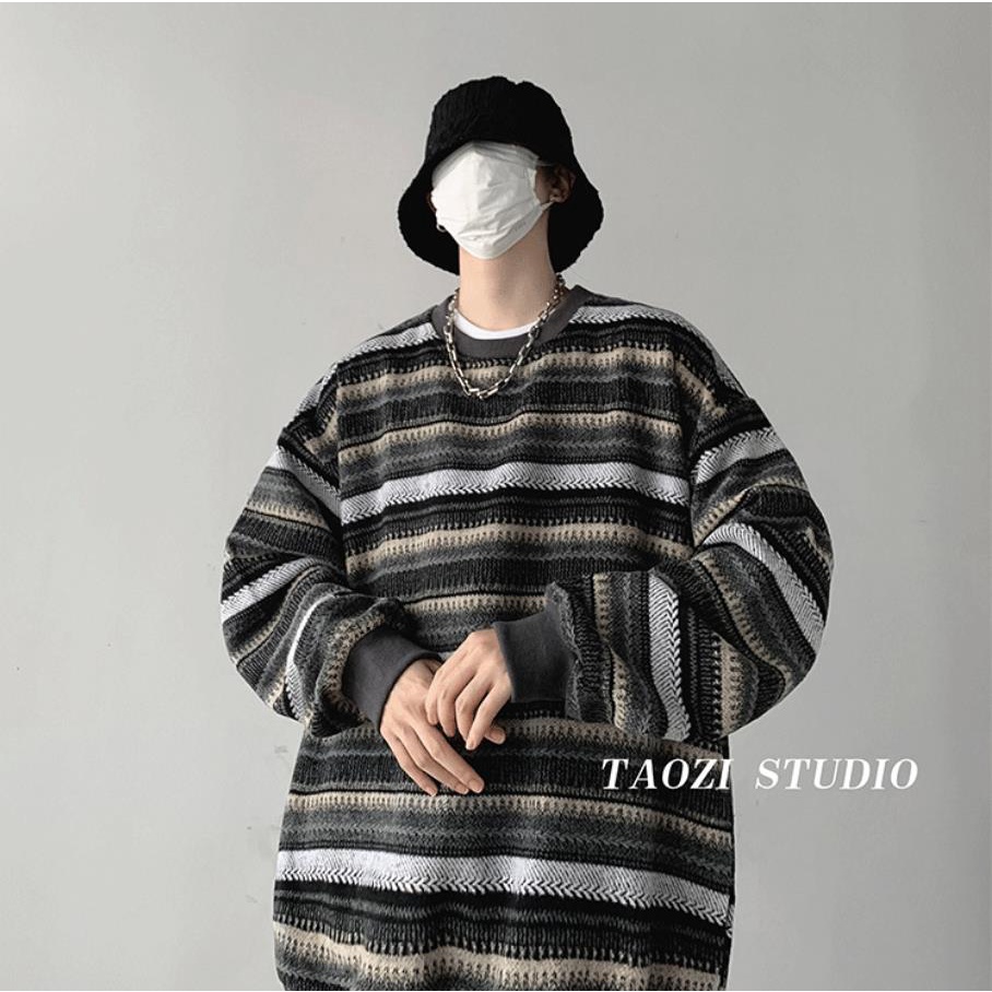 Áo Sweater Tay Dài Cổ Tròn Dáng Rộng Họa Tiết Kẻ Sọc Màu Tương Phản Phong Cách Nhật Bản Cổ Điển Thời Trang Cho Nam Size M-5XL